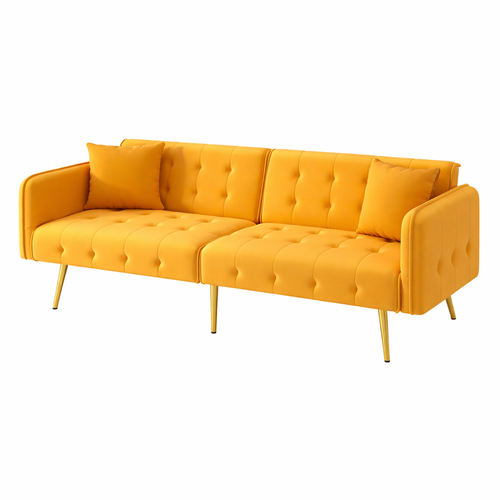 Canapé-lit Convertible 2 Places Velours, Dossier Réglable, Accoudoirs 6 Positions,jaune