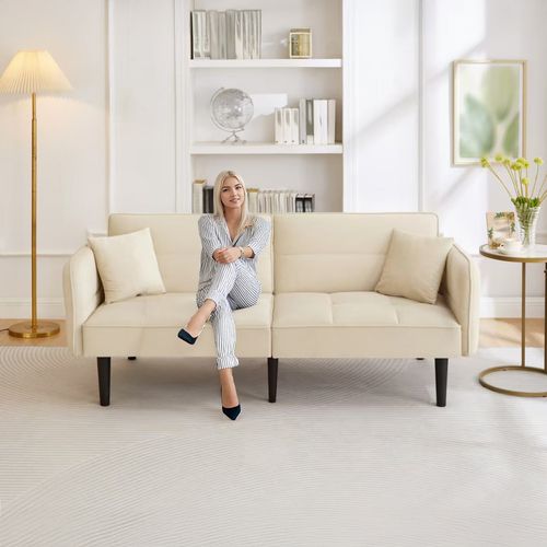 Canapé-lit Convertible 2 Places Velours, Dossiers Réglables, Accoudoirs Pliables,beige