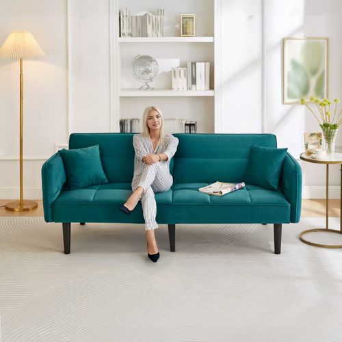 Canapé-lit Convertible 2 Places Velours, Dossiers Réglables, Accoudoirs Pliables,bleu-vert