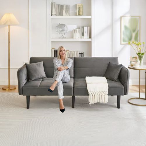 Canapé-lit Convertible 2 Places Velours, Dossiers Réglables, Accoudoirs Pliables,gris