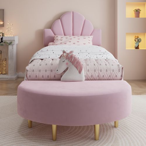 Lit 1 Place 90x200 Velours Rose Avec Tête De Lit + Banquette Assortie, Bords Anti-choc, Cadre Solide