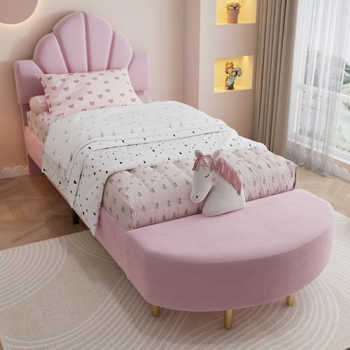 Lit 1 Place 90x200 Velours Rose Avec Tête De Lit + Banquette Assortie, Bords Anti-choc, Cadre Solide