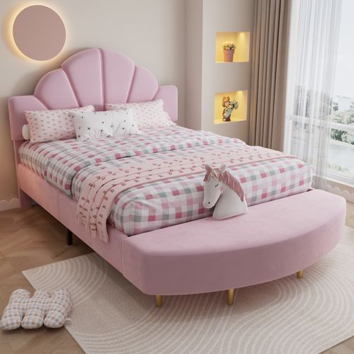 Lit 140x200 Velours Rose Rembourré + Tête De Lit, Banquette Assortie, Bords Anti-choc, Cadre Solide