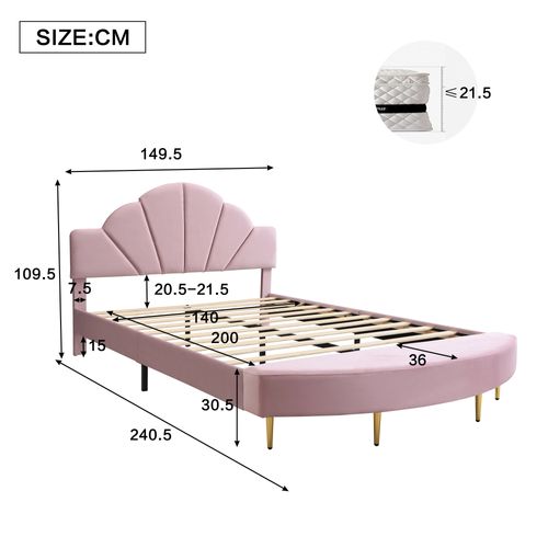 Lit 140x200 Velours Rose Rembourré + Tête De Lit, Banquette Assortie, Bords Anti-choc, Cadre Solide