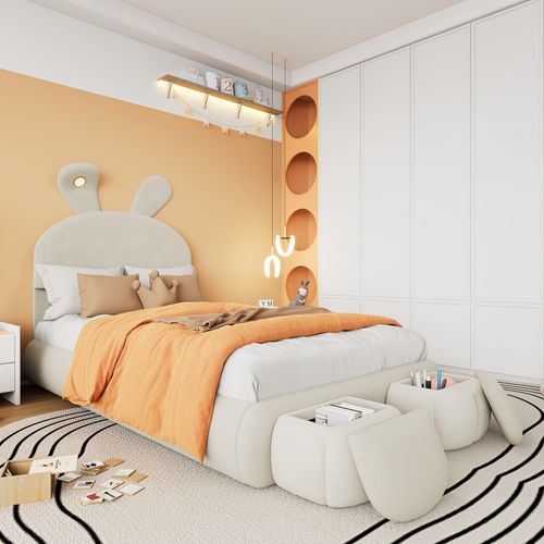 Lit Enfant 90x200 Velours Beige Oreilles De Lapin LED Réglable + 2 Poufs Rangement, Lattes Bois