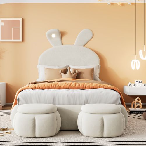 Lit Enfant 90x200 Velours Beige Oreilles De Lapin LED Réglable + 2 Poufs Rangement, Lattes Bois