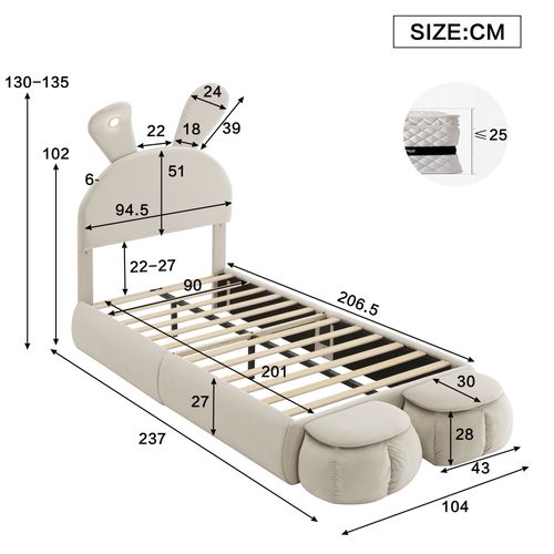 Lit Enfant 90x200 Velours Beige Oreilles De Lapin LED Réglable + 2 Poufs Rangement, Lattes Bois