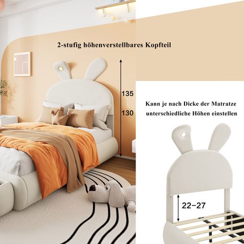 Lit Enfant 90x200 Velours Beige Oreilles De Lapin LED Réglable + 2 Poufs Rangement, Lattes Bois