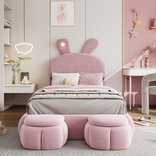 Lit Enfant 90x200 Velours Rose Oreilles De Lapin LED Réglable + 2 Poufs Rangement, Lattes Bois