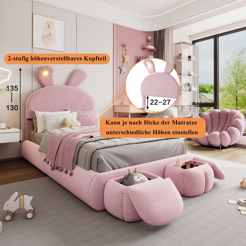 Lit Enfant 90x200 Velours Rose Oreilles De Lapin LED Réglable + 2 Poufs Rangement, Lattes Bois
