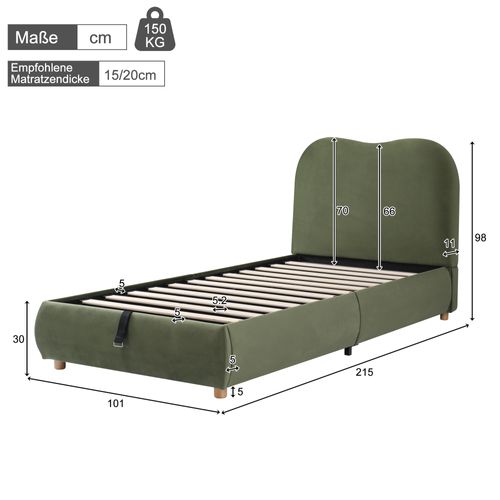 Lit Enfant 90x200 Velours Avec Sommier + Coffre Rangement Hydraulique, Tête De Lit Rembourrée,vert