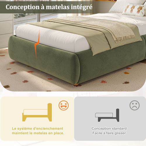 Lit Enfant 90x200 Velours Avec Sommier + Coffre Rangement Hydraulique, Tête De Lit Rembourrée,vert