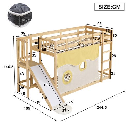 Lit Superposé Enfant 90x200 Bois Naturel Avec Escalier, Toboggan, Rideaux, Barrière