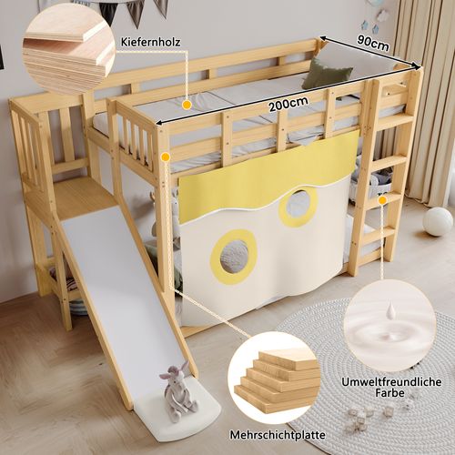 Lit Superposé Enfant 90x200 Bois Naturel Avec Escalier, Toboggan, Rideaux, Barrière