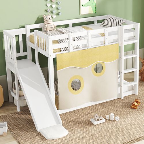 Lit Superposé Enfant 90x200 Blanc Avec Escalier, Toboggan, Rideaux, Barrière