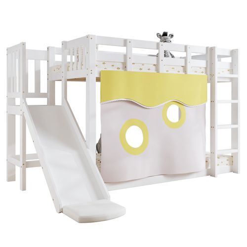 Lit Superposé Enfant 90x200 Blanc Avec Escalier, Toboggan, Rideaux, Barrière