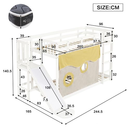 Lit Superposé Enfant 90x200 Blanc Avec Escalier, Toboggan, Rideaux, Barrière