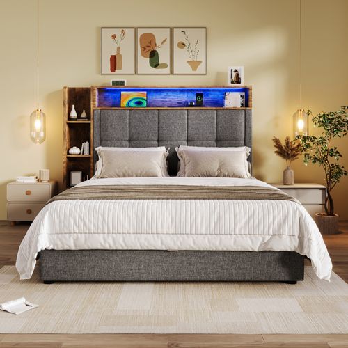 Lit Coffre 90x200 Avec LED Et USB - Espace Rangement Hydraulique - Sommier Lattes Métal - Housse Lin Beige - Sans Matelas