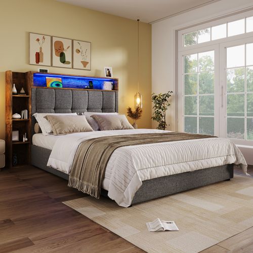 Lit Coffre 90x200 Lin Gris, LED Rgb, USB+type-c, Tête De Lit Rangement, Sans Matelas