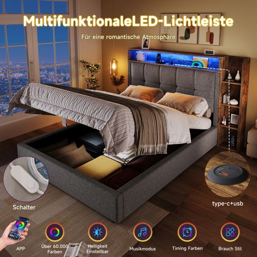 Lit Coffre 90x200 Lin Gris, LED Rgb, USB+type-c, Tête De Lit Rangement, Sans Matelas