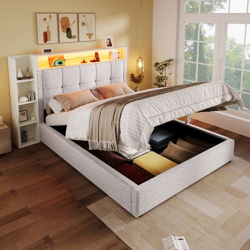 Lit Coffre 90x200 Lin Beige, LED Rgb, USB+type-c, Tête De Lit Rangement, Sans Matelas