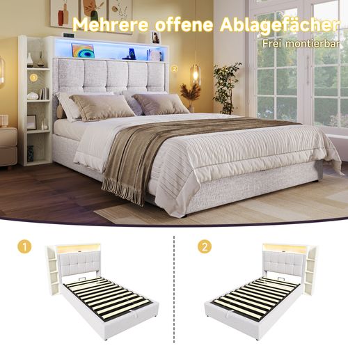 Lit Coffre 90x200 Lin Beige, LED Rgb, USB+type-c, Tête De Lit Rangement, Sans Matelas