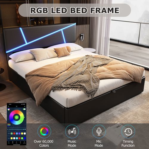 Lit Coffre 140x200 Simili Cuir Noir, LED Rgb App + Mode Musique, Sommier 26 Lattes, Sans Matelas