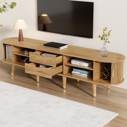 Meuble TV 175 Cm Bois Clair Mdf, Portes Coulissantes, Rangements + Tiroirs, Détails Dorés