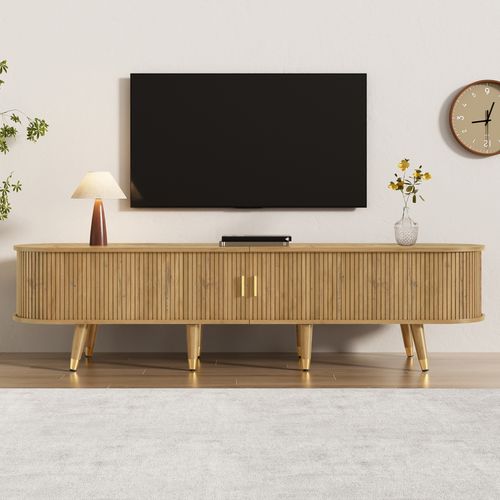 Meuble TV 175 Cm Bois Clair Mdf, Portes Coulissantes, Rangements + Tiroirs, Détails Dorés