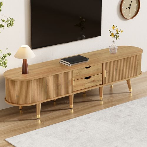 Meuble TV 175 Cm Bois Clair Mdf, Portes Coulissantes, Rangements + Tiroirs, Détails Dorés