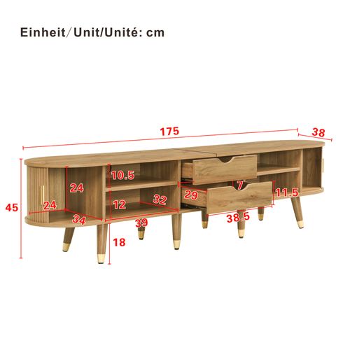 Meuble TV 175 Cm Bois Clair Mdf, Portes Coulissantes, Rangements + Tiroirs, Détails Dorés