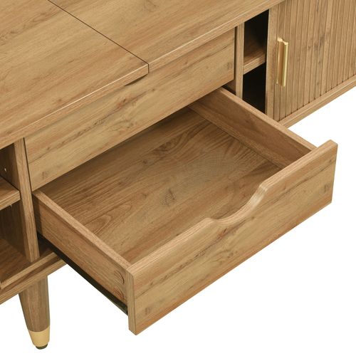 Meuble TV 175 Cm Bois Clair Mdf, Portes Coulissantes, Rangements + Tiroirs, Détails Dorés