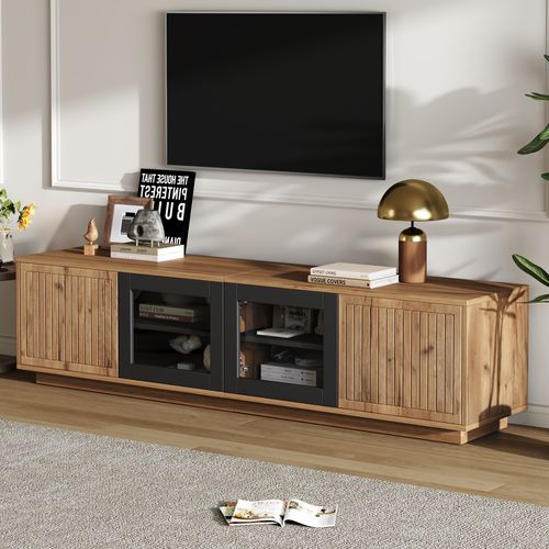 Meuble TV 180 Cm LED App, Portes Verre Trempé, Bois Naturel et Noir, Pour TV 75