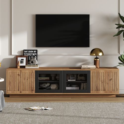 Meuble TV 180 Cm LED App, Portes Verre Trempé, Bois Naturel et Noir, Pour TV 75