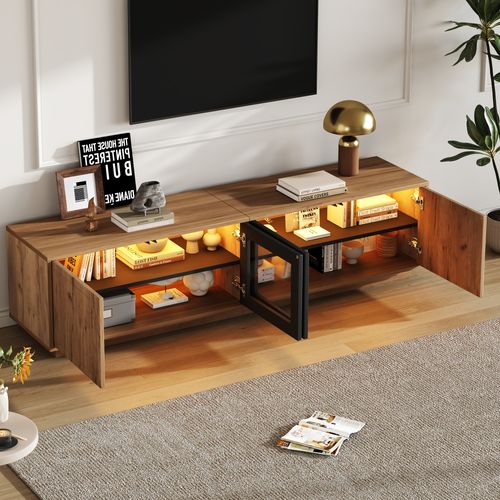 Meuble TV 180 Cm LED App, Portes Verre Trempé, Bois Naturel et Noir, Pour TV 75