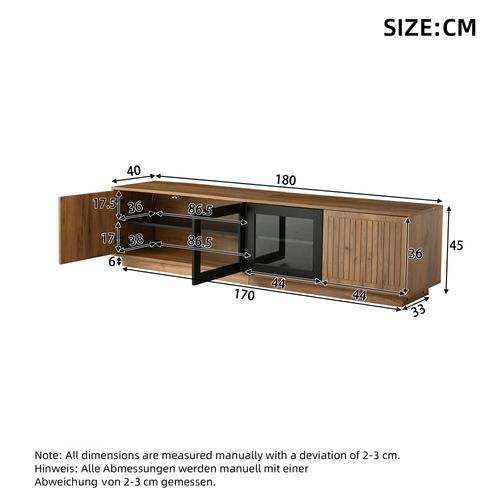 Meuble TV 180 Cm LED App, Portes Verre Trempé, Bois Naturel et Noir, Pour TV 75