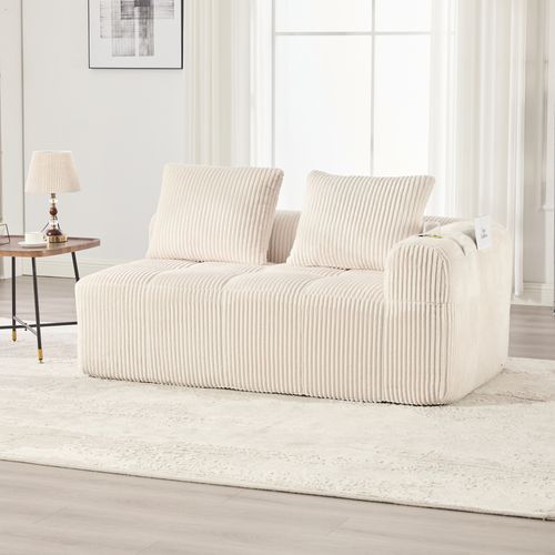 Canapé 2 Places En Velours Côtelé 158 Cm, Coussins Doux, Poches Latérales, Porte-gobelets,beige