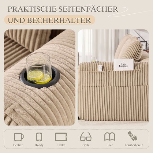 Canapé 2 Places En Velours Côtelé 158 Cm, Coussins Doux, Poches Latérales, Porte-gobelets,kaki