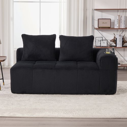 Canapé 2 Places En Velours Côtelé 158 Cm, Coussins Doux, Poches Latérales, Porte-gobelets,noir