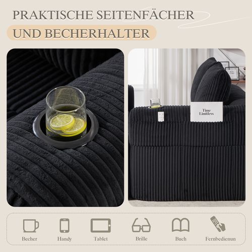 Canapé 2 Places En Velours Côtelé 158 Cm, Coussins Doux, Poches Latérales, Porte-gobelets,noir