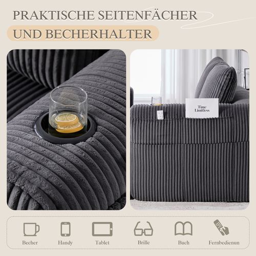 Canapé 2 Places En Velours Côtelé 158 Cm, Coussins Doux, Poches Latérales, Porte-gobelets,gris Foncé