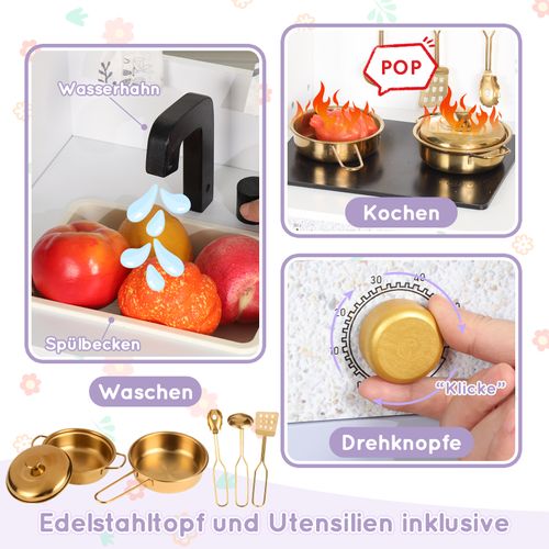 Cuisine Enfant Bois Dinette Blanc/violet 105cm, Micro-ondes/four, Évier, 3 Ans+,90x60x105cm