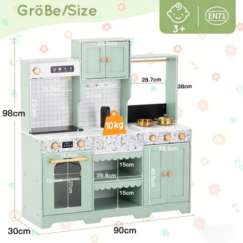 Cuisine Enfant Bois Verte 98cm, Micro-ondes, Évier, Plaque, Accessoires, 3 Ans+,90x30x98cm