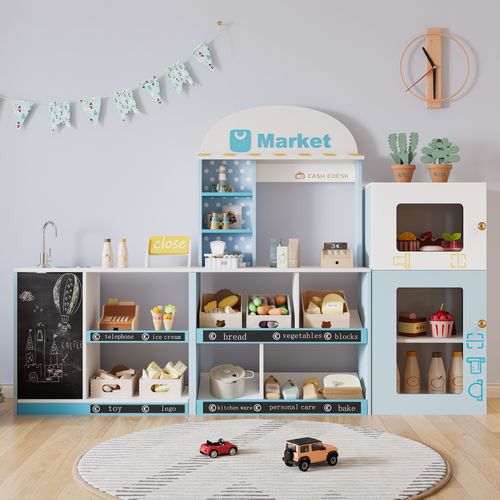 Magasin Enfant En Bois Bleu, Frigo, Micro-ondes, Ardoise, Robinet, 3 Ans+,155x30x107.5cm