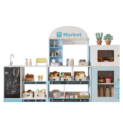Magasin Enfant En Bois Bleu, Frigo, Micro-ondes, Ardoise, Robinet, 3 Ans+,155x30x107.5cm