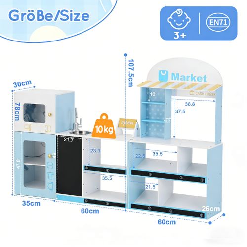 Magasin Enfant En Bois Bleu, Frigo, Micro-ondes, Ardoise, Robinet, 3 Ans+,155x30x107.5cm