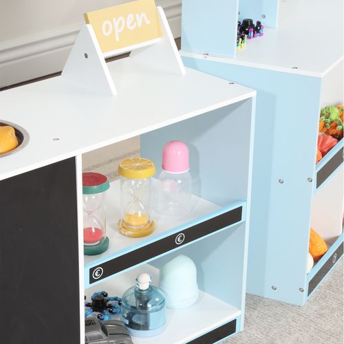 Magasin Enfant En Bois Bleu, Frigo, Micro-ondes, Ardoise, Robinet, 3 Ans+,155x30x107.5cm