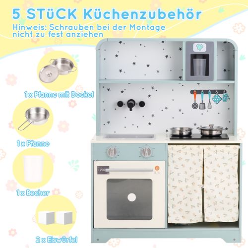 Cuisine Enfant Bois Bleue, Machine à Glaçons, Micro-ondes, Évier, Accessoires, 3 Ans+,60x29x81cm