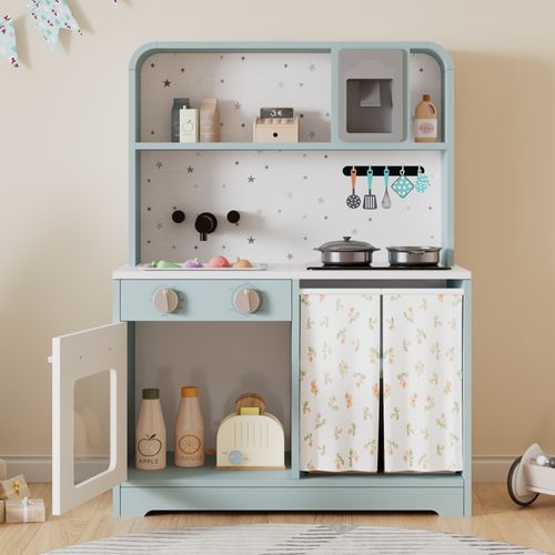 Cuisine Enfant Bois Bleue, Machine à Glaçons, Micro-ondes, Évier, Accessoires, 3 Ans+,60x29x81cm