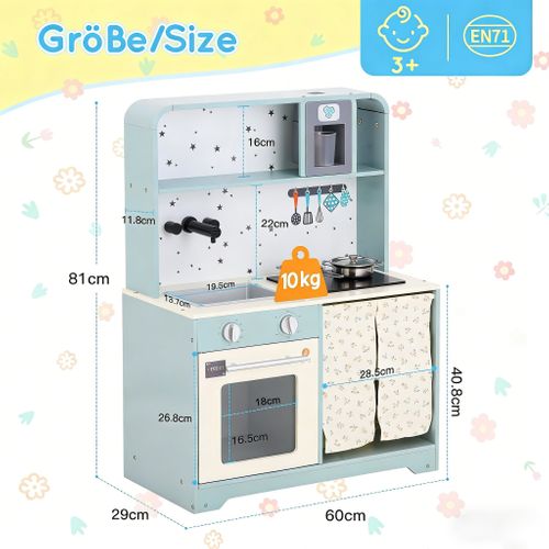 Cuisine Enfant Bois Bleue, Machine à Glaçons, Micro-ondes, Évier, Accessoires, 3 Ans+,60x29x81cm